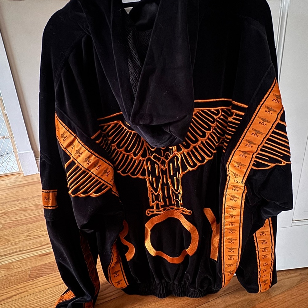 Black & Orange Embroidered Zipper Hooded Jacket